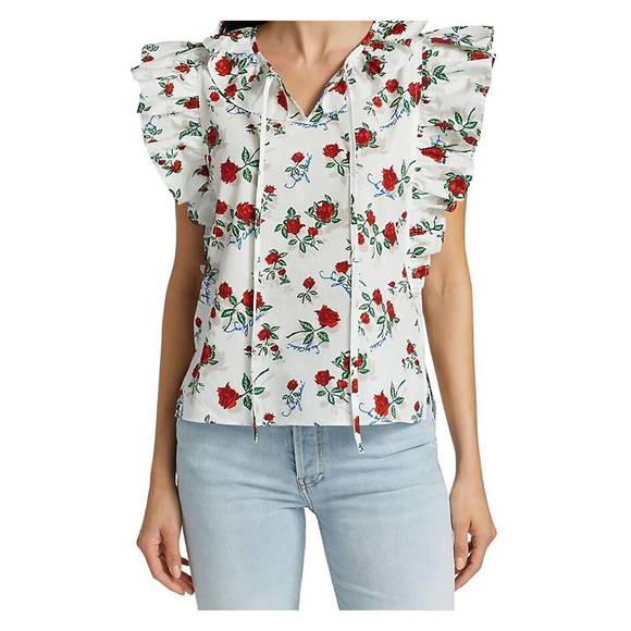 NEW SEE BY CHLOE women's dita cotton poplin floral print flutter sleeve blouse i - Picture 2 of 3